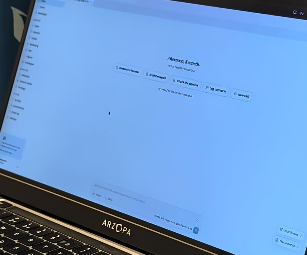 A client OS cockpit on a laptop: the agent home screen asking what needs doing today